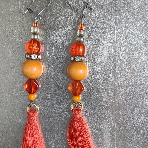 Brand New Earrings Orange Glass Tassel Lightweight Eclectic Travel Handmade Fun - Picture 3 of 3